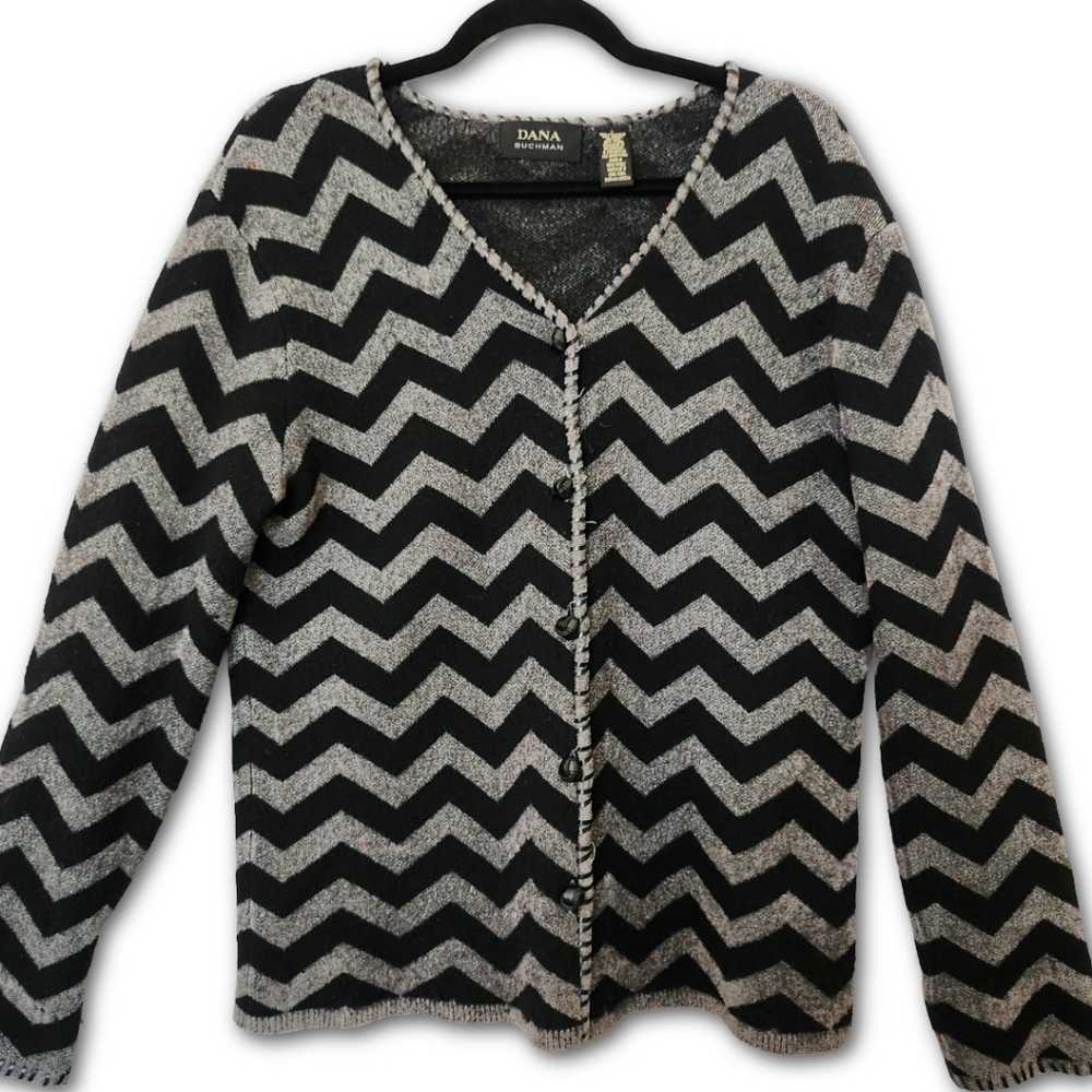Vintage Dana Buchman Wool V-Neck Cardigan Sweater Chevron Leather Detail Flawed